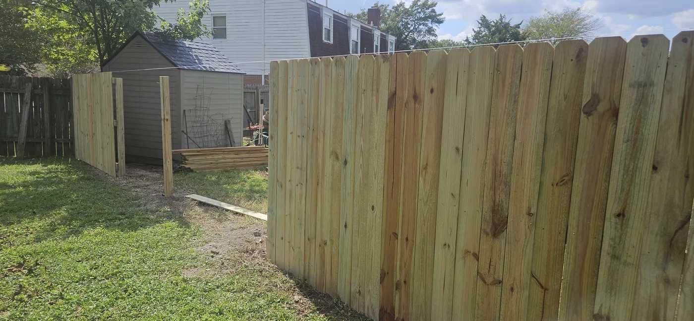 Classic 6 ft dog-ear privacy fence in pressure-treated pine, pickets run tight for full privacy